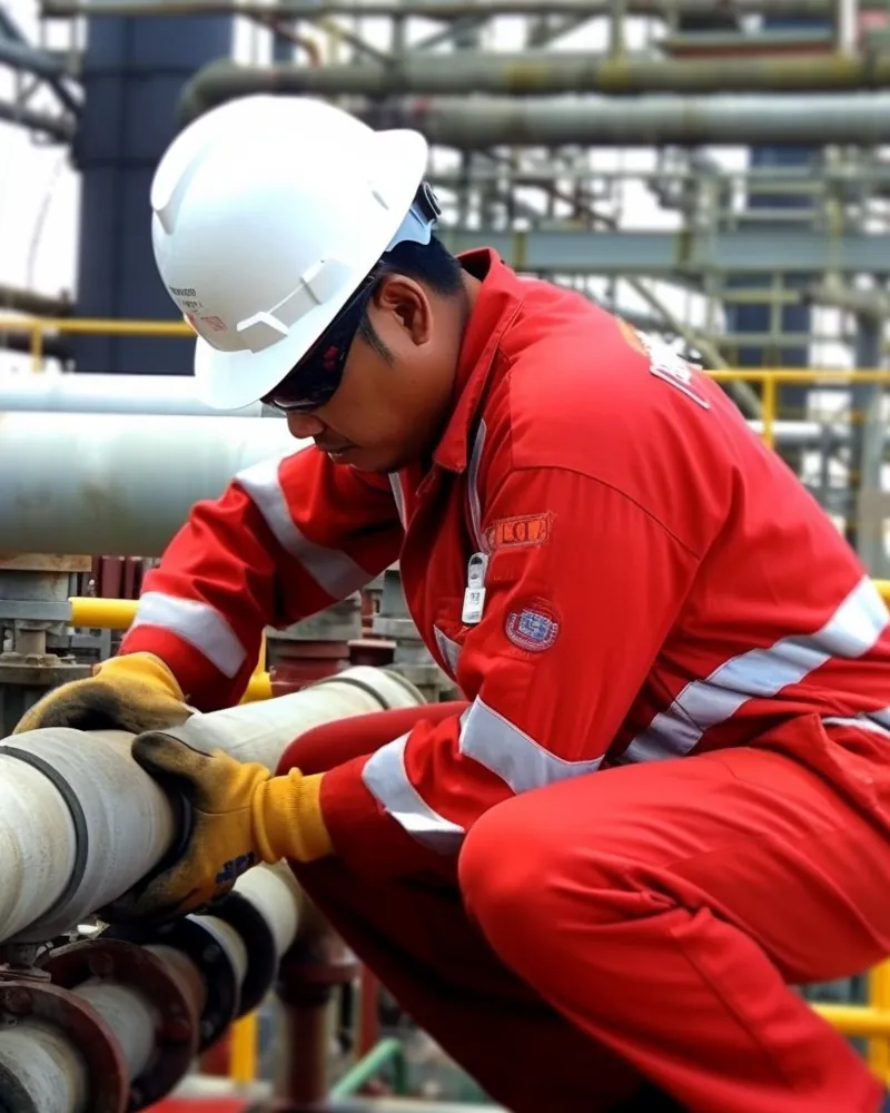 Technician in red coveralls working on pipework