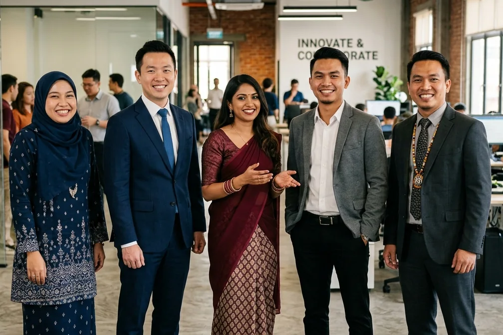 Five smiling PMBSB office staff standing together in a modern open-plan office