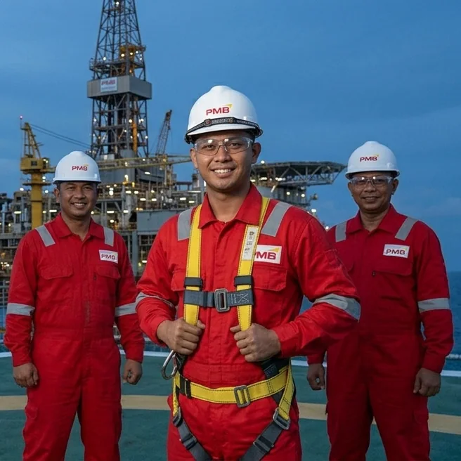 Three PMB crew members in red coveralls and PMB hard hats on an offshore platform helideck