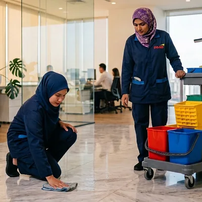 Two PMB cleaners in navy uniforms cleaning an office floor