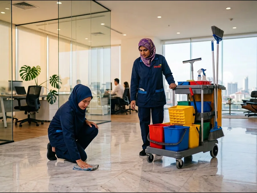 Two PMB cleaners in navy uniforms cleaning a marble office floor beside a janitorial trolley