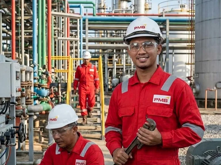 Two PMB crew members in red coveralls and PMB hard hats working at an oil and gas processing plant